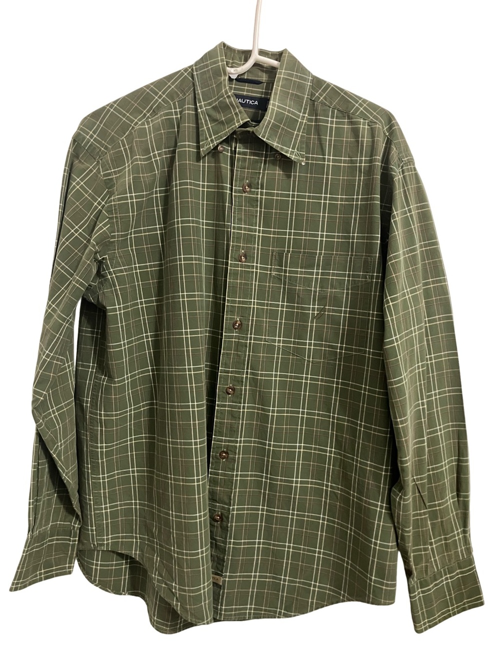 Nautica Olive Green Plaid Button-Down Shirt M Sanded Poplin